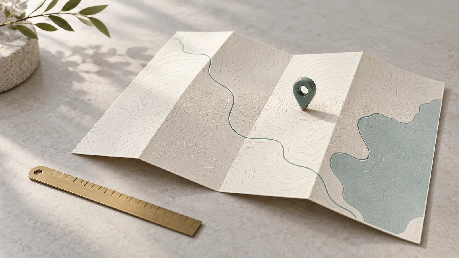 Folded topographic map with a teal location marker, representing Advanced Map controls in Listdom