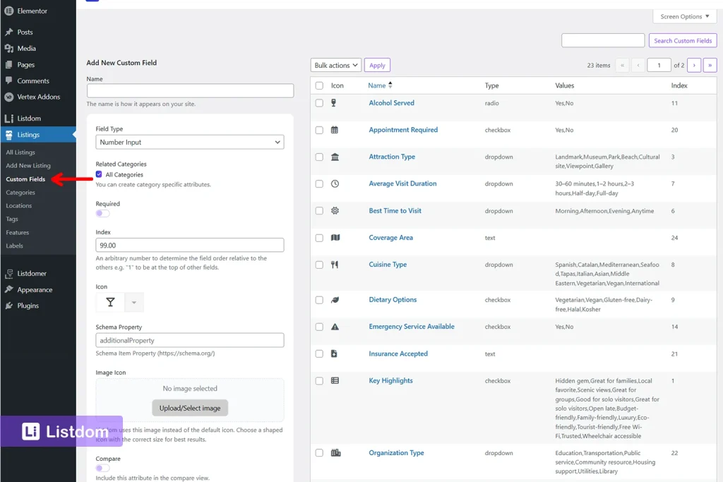 listdom custom field menu