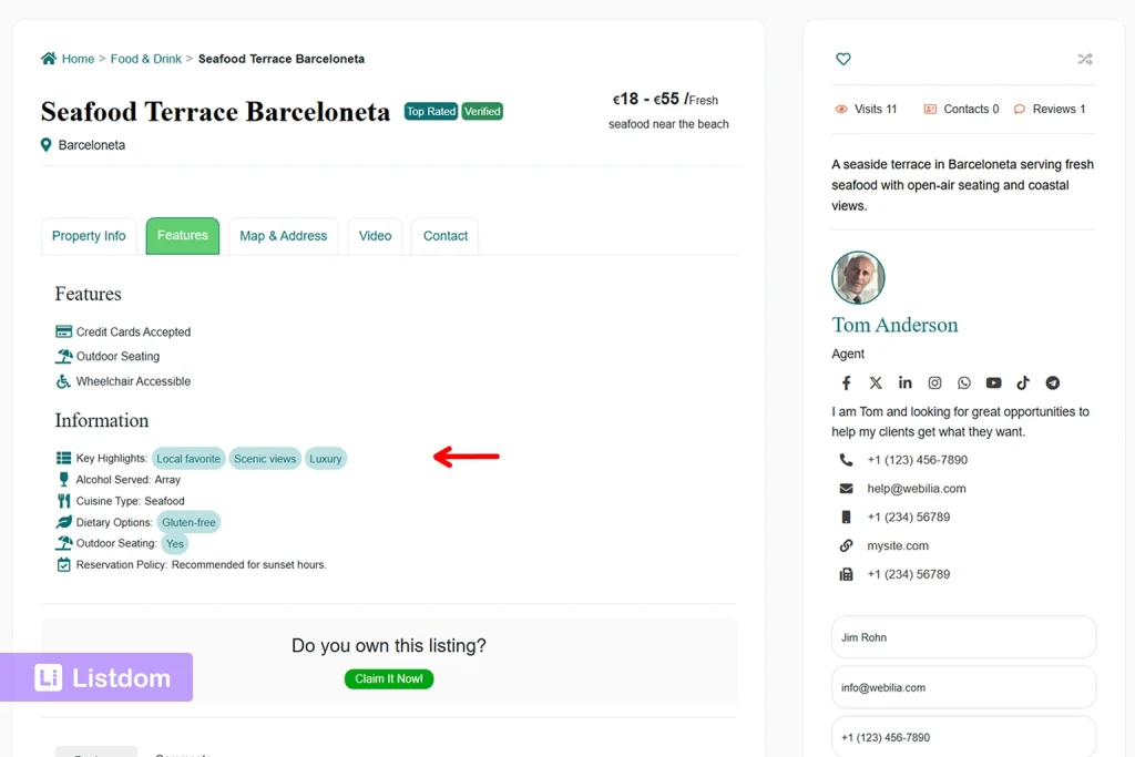 listdom custom fields displayed on the single listing page