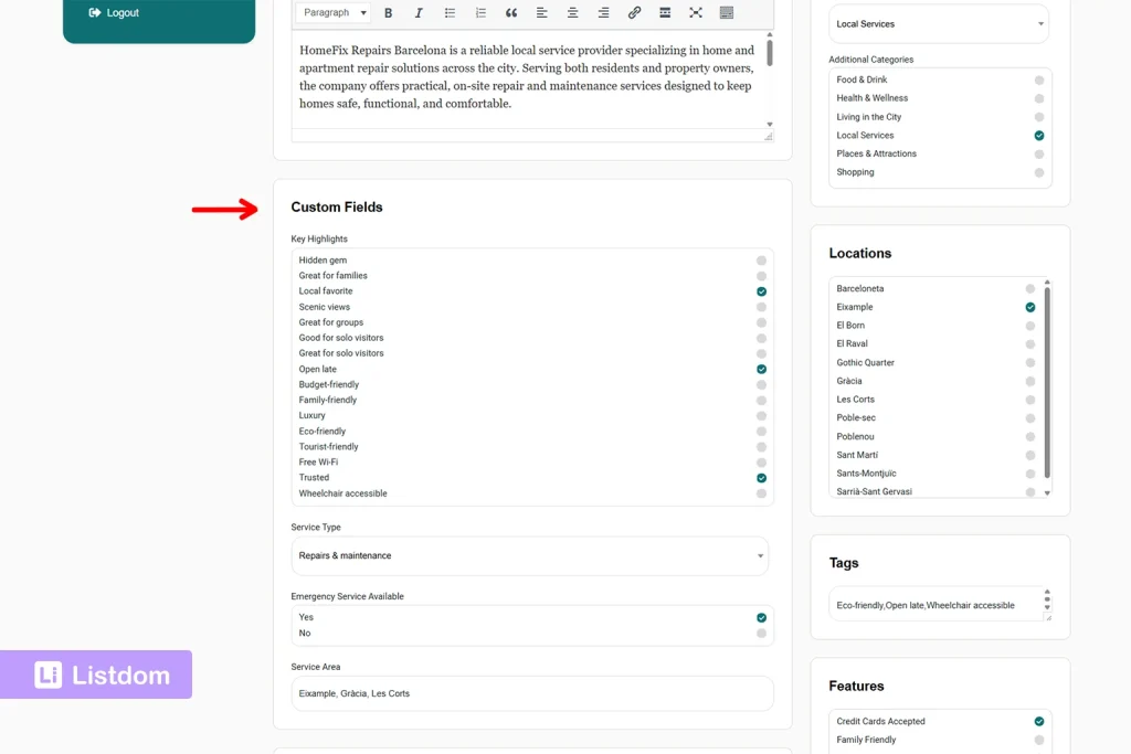 listdom custom fields in the frontend add listing form