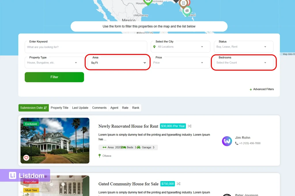 listdom custom fields used in a search form