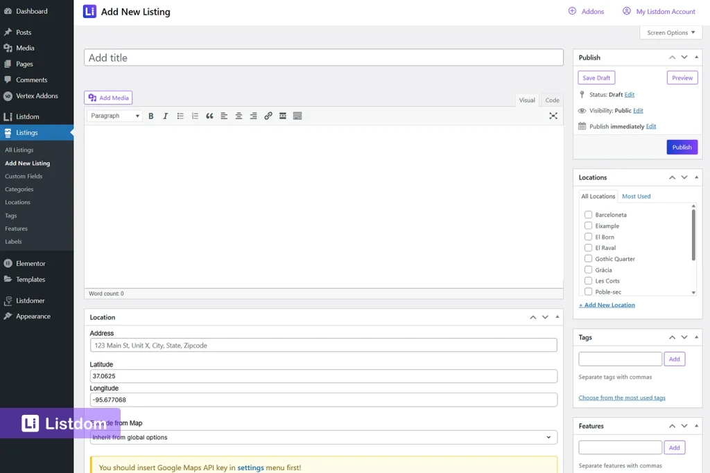 Listdom add listing form interface screenshot