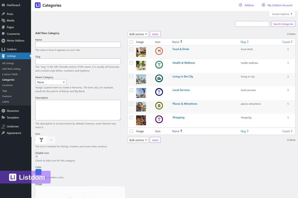 Listdom categories interface screenshot
