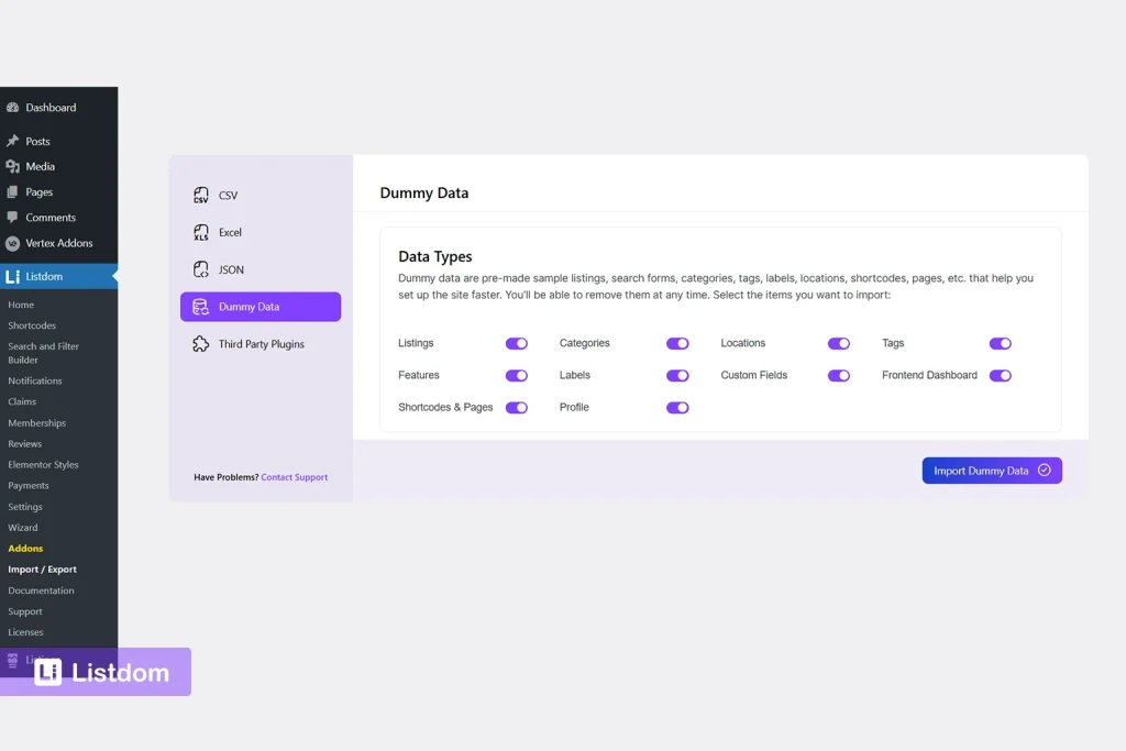 listdom dummy data import menu screenshot