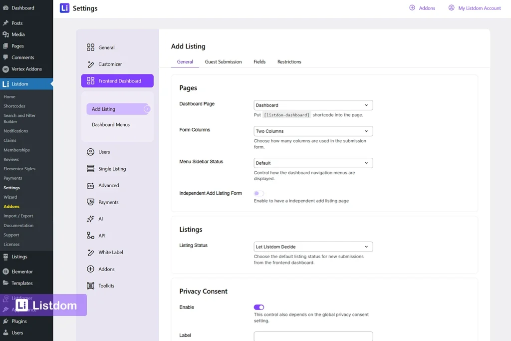 Listdom frontend dashboard settings interface screenshot