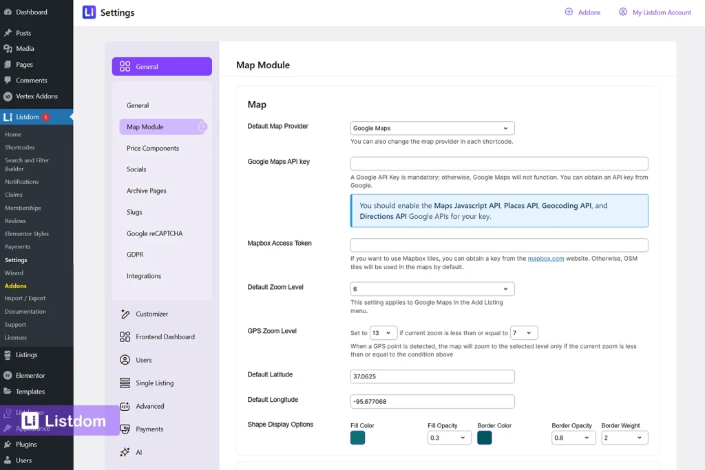 Listdom map settings menu interface screenshot