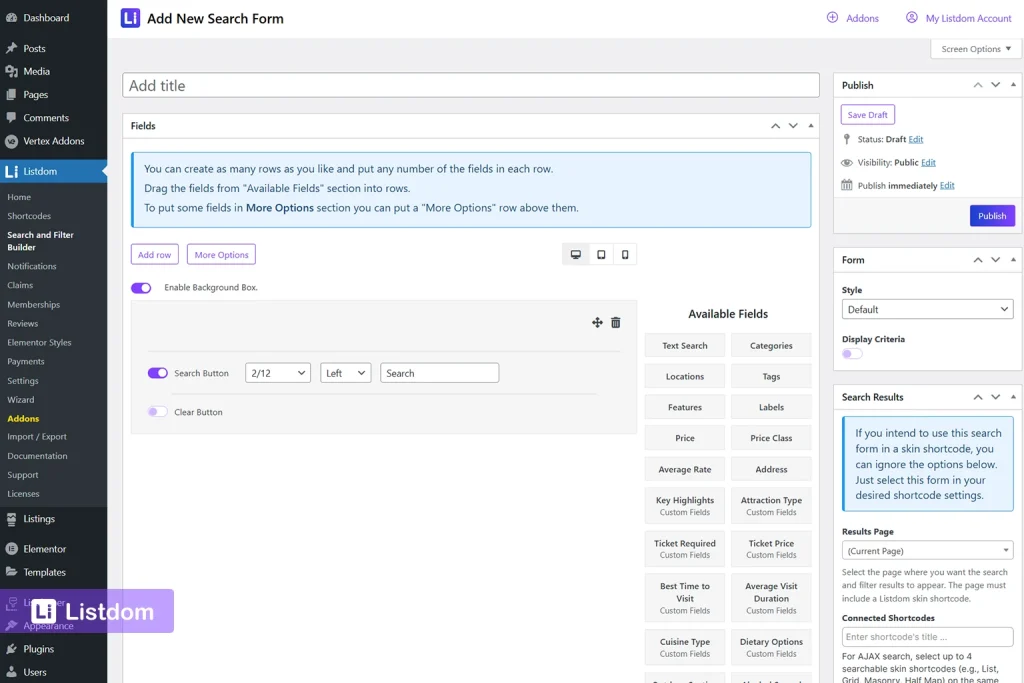 listdom search form builder menu interface screenshot