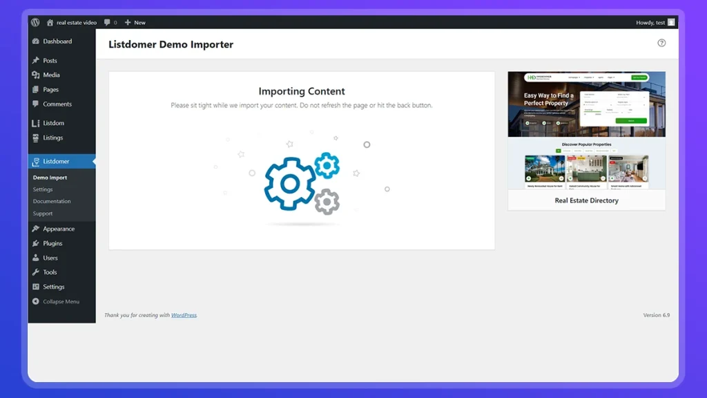 real estate step 6 demo import progress