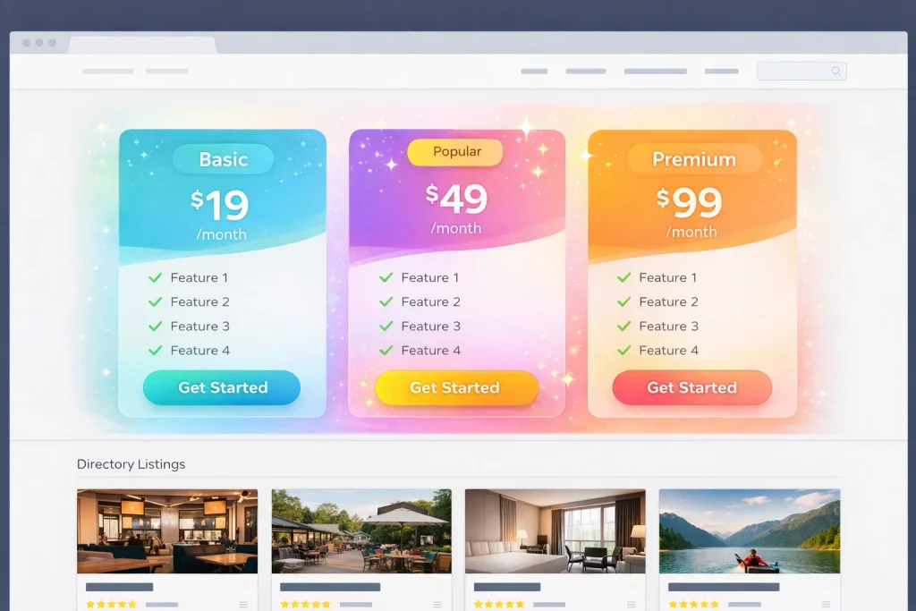 Example of a directory website offering paid listing submissions and membership plans.