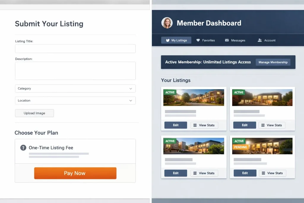 Comparison between one-time paid listings and membership plans on a directory website.
