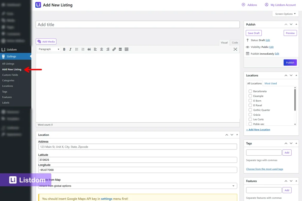 Listdom Listings menu and Add New Listing option in WordPress dashboard
