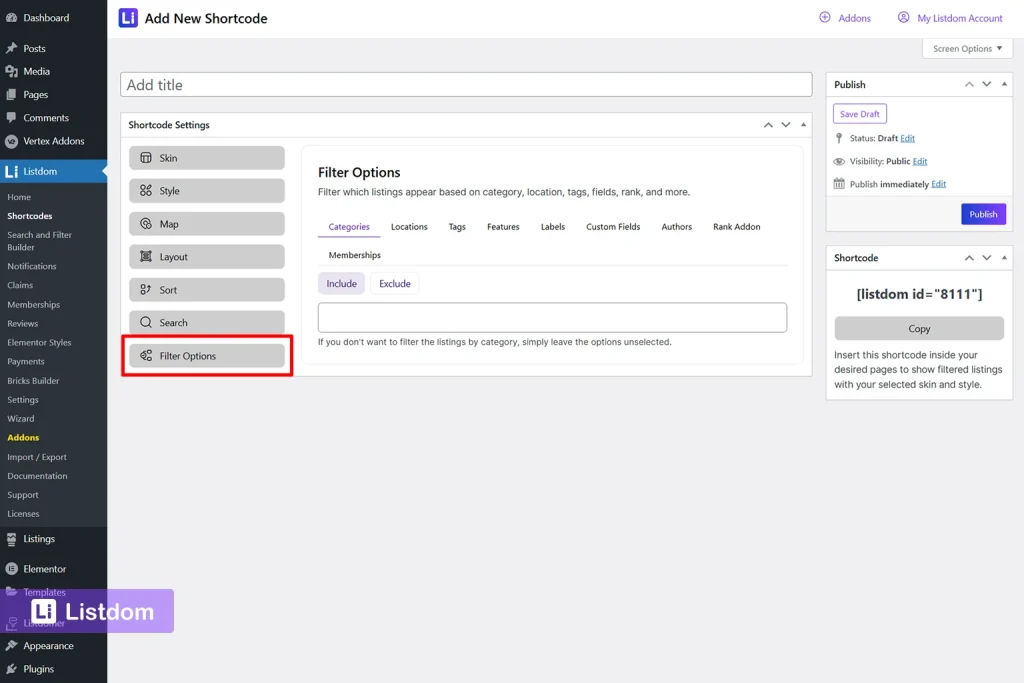 listdom add shortcode filter options tab interface screenshot