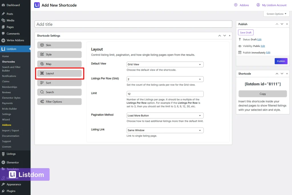 listdom add shortcode layout tab interface screenshot