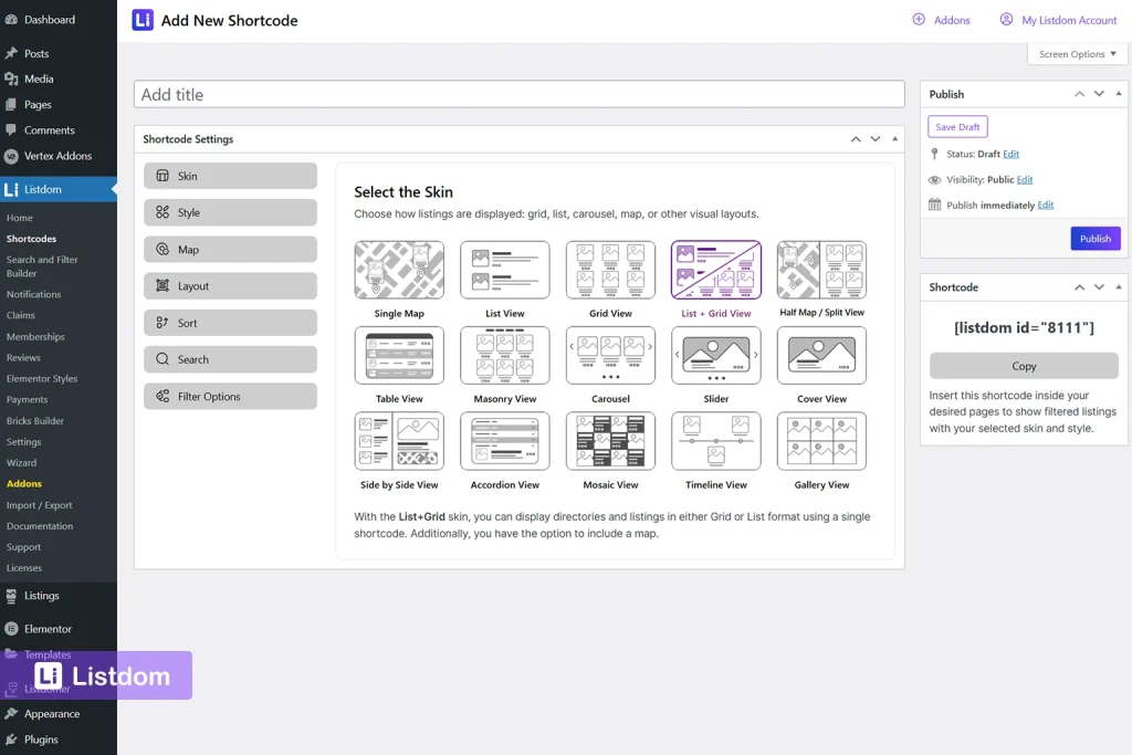 listdom add shortcode menu interface screenshot