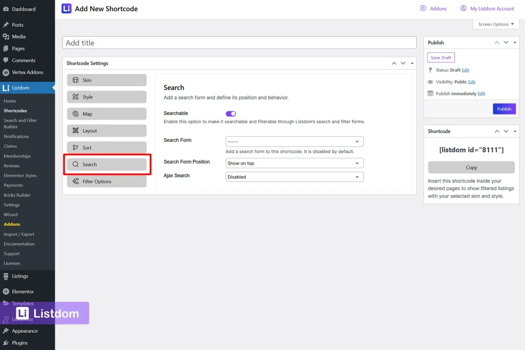 listdom add shortcode search tab interface screenshot
