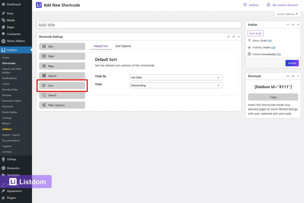 listdom add shortcode sort tab interface screenshot