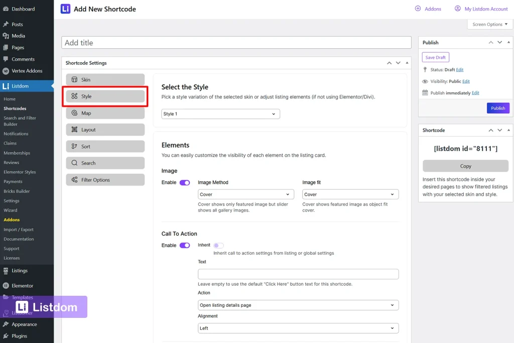 listdom add shortcode style tab interface screenshot
