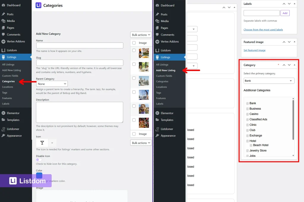 Assigning categories to a listing in Listdom