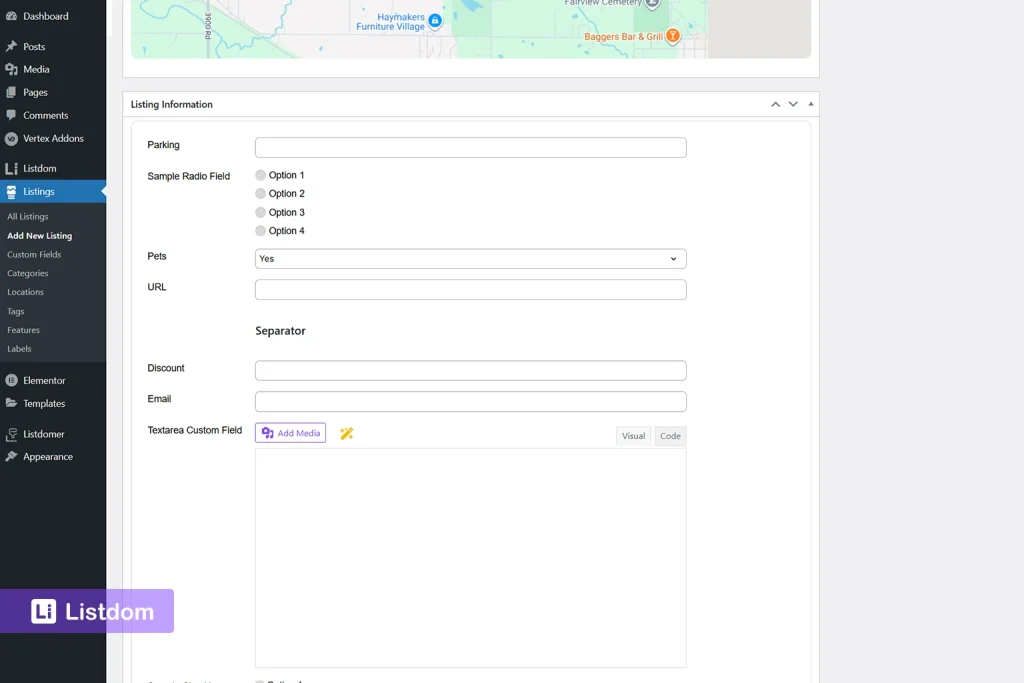 Custom fields section in Listdom listing editor