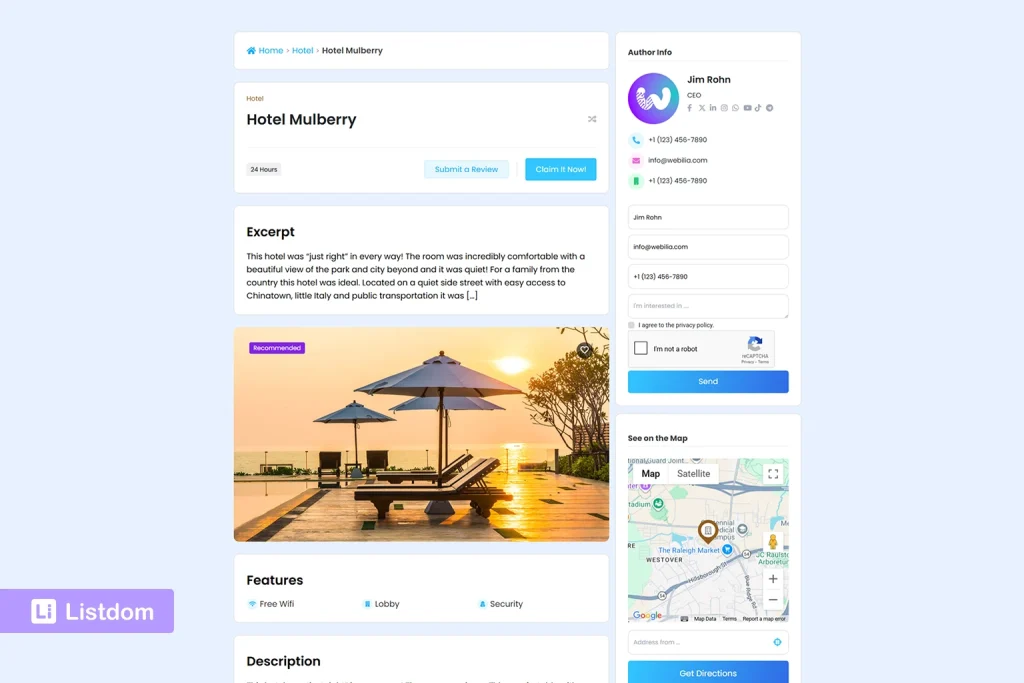Frontend view of a directory listing created with Listdom