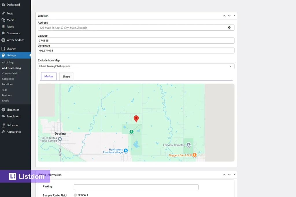 Entering address and coordinates in Listdom listing