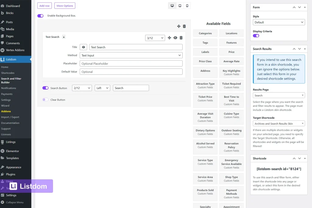 listdom search and filter builder added fields interface
