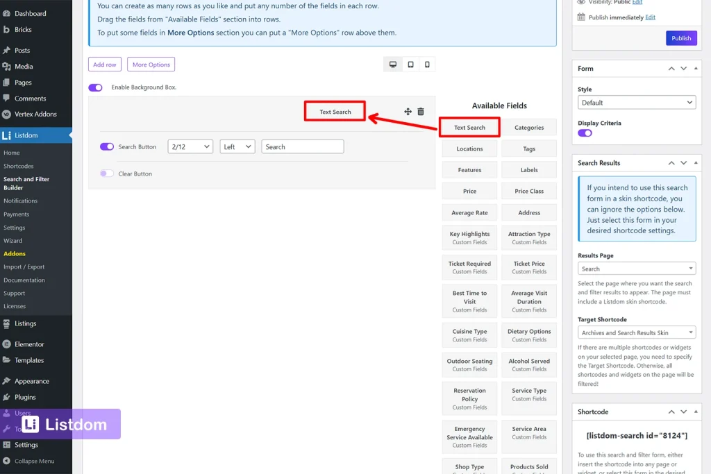 listdom search and filter builder fields interface