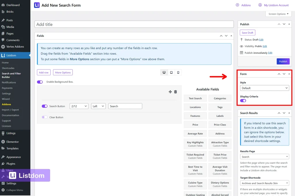 Form settings in the Listdom search builder including style and display criteria
