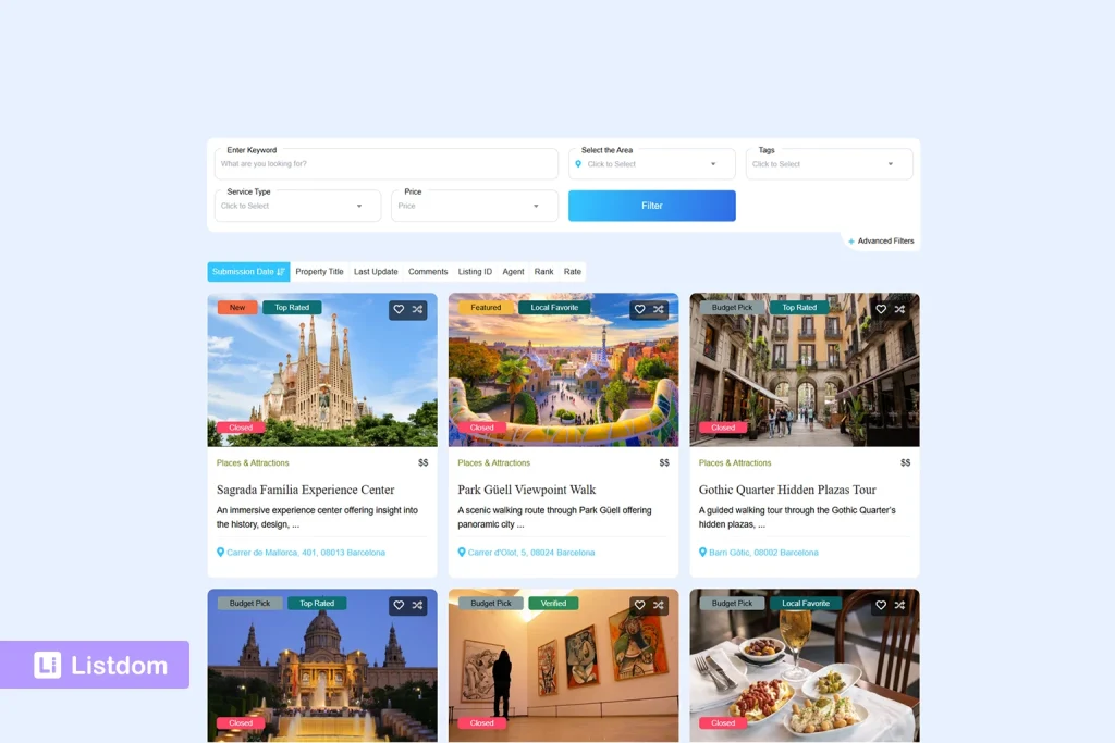 A Listdom search form on the front end with filtered listing results