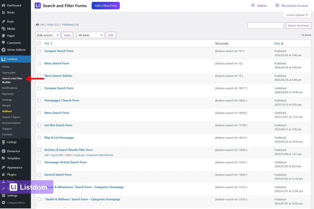 Listdom Search and Filter Builder screen in the WordPress dashboard