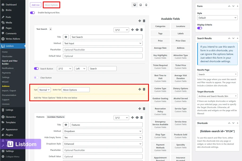 Adding search fields and organizing advanced filters with More Options in Listdom