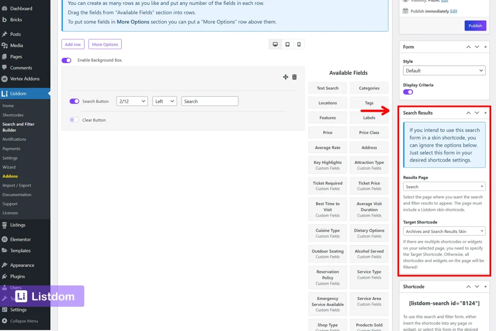 Search Results settings in Listdom showing results page and current page behavior