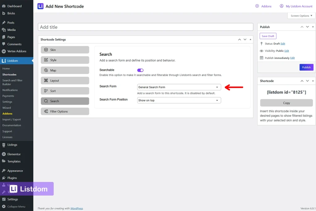listdom shortcodes settings search tab interface