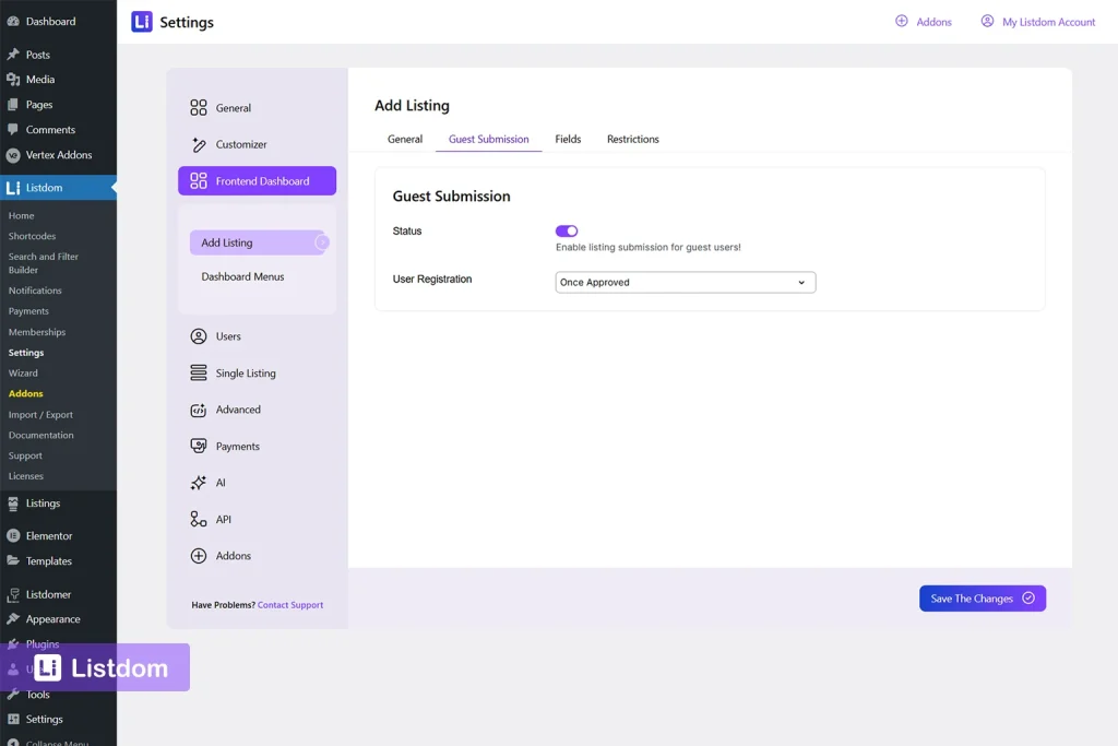 Frontend Dashboard settings in Listdom showing guest submission and access-related options