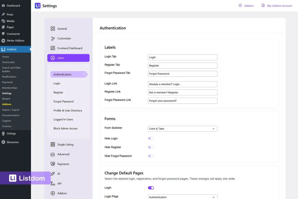 Users settings in Listdom showing authentication and redirect options