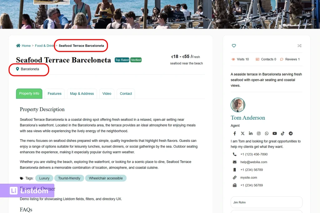 category and location of the listing displayed on the single listing page