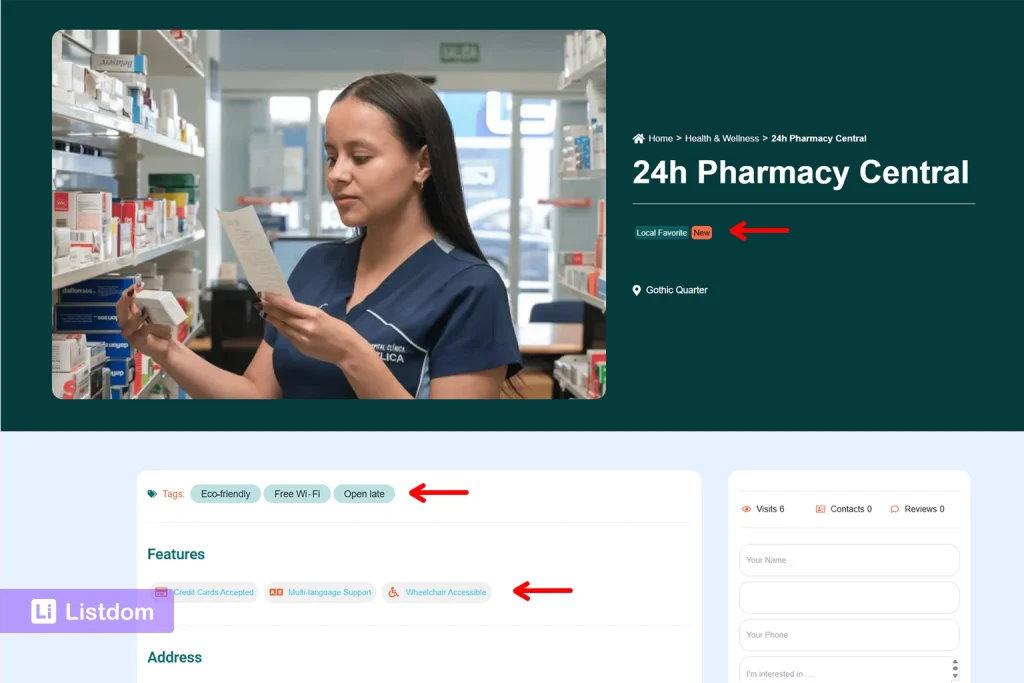 features tags and labels displayed on a single listing page