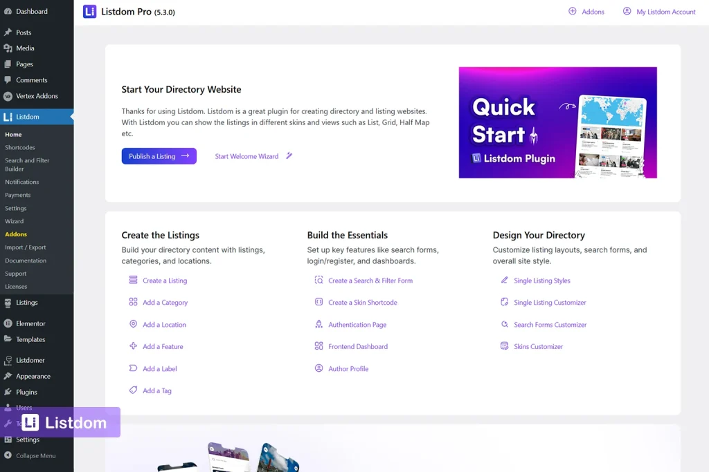 listdom admin dashboard interface screenshot