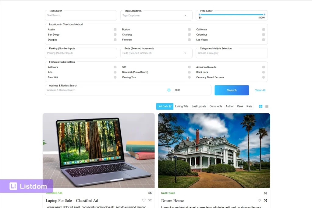 listdom available search and filter field methods