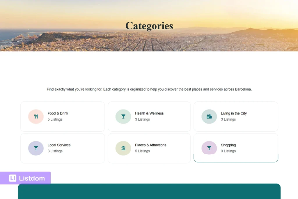 listdom categories displayed on the frontend with shortcode