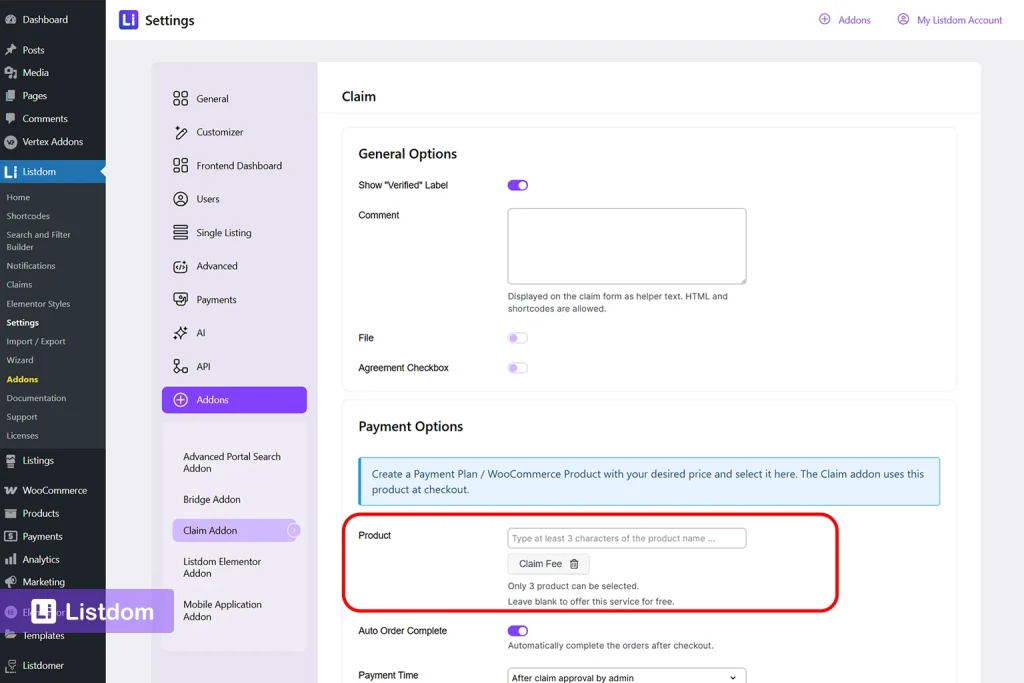 listdom claim addon settings assigning woocommerce product