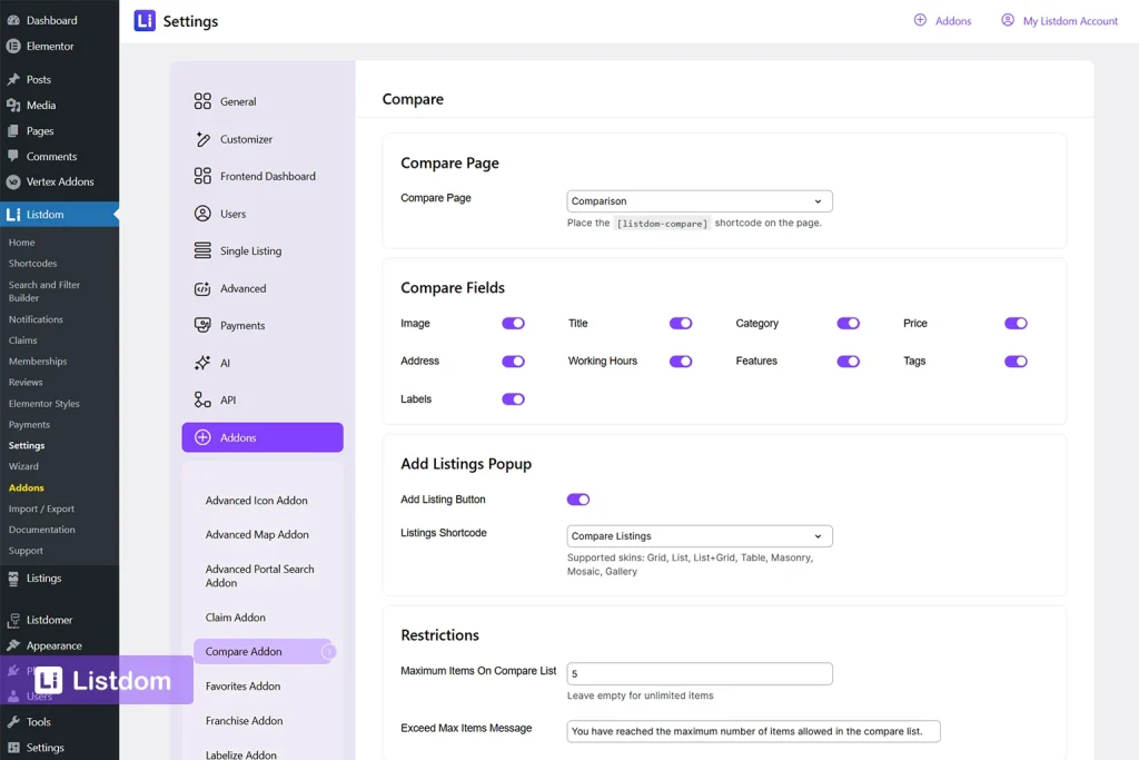 listdom compare addons settings menu interface screenshot