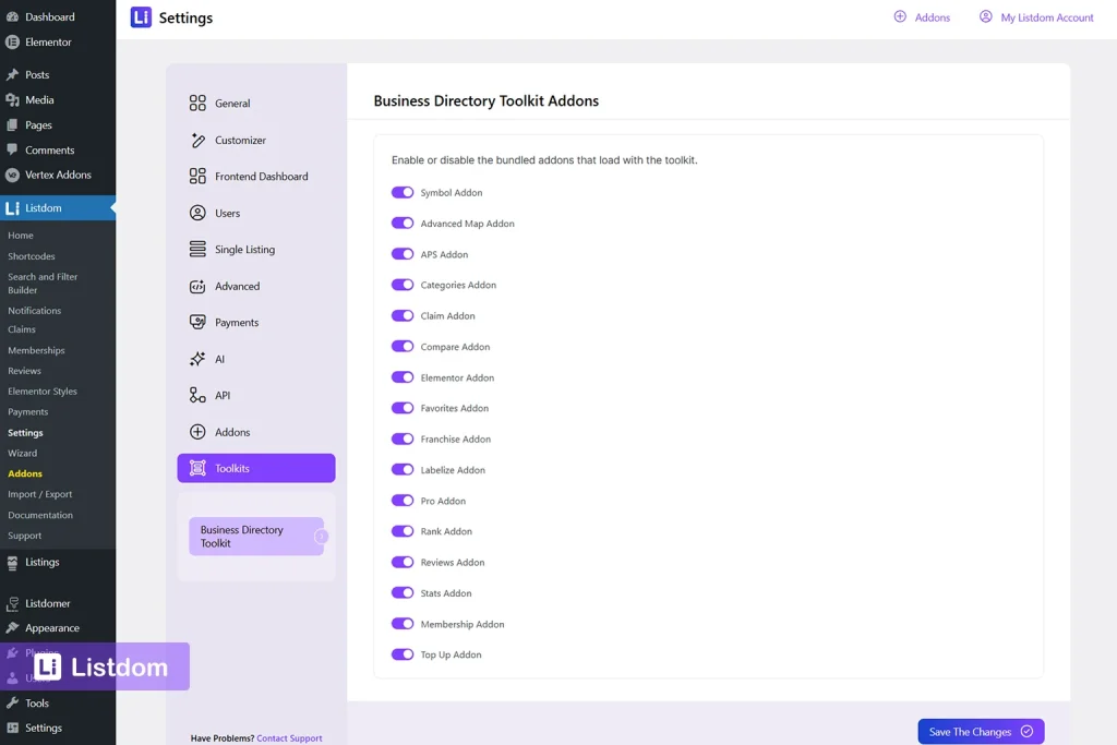 listdom directory toolkit settings menu interface screenshot