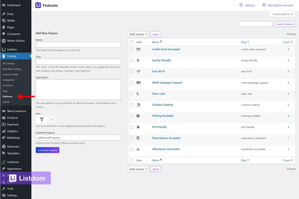 listdom features menu interface screenshot