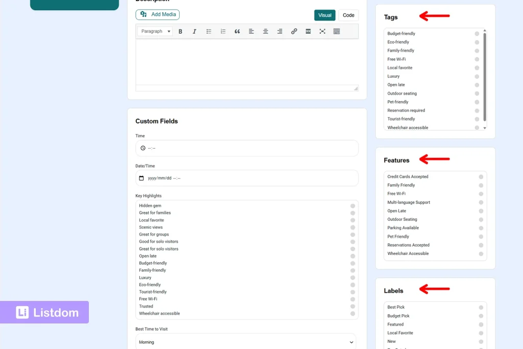 listdom frontend add listing form including features labels and tags checkbox fields