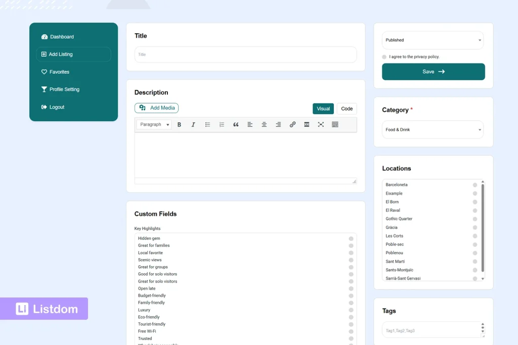 listdom frontend dashboard add listing form interface screenshot