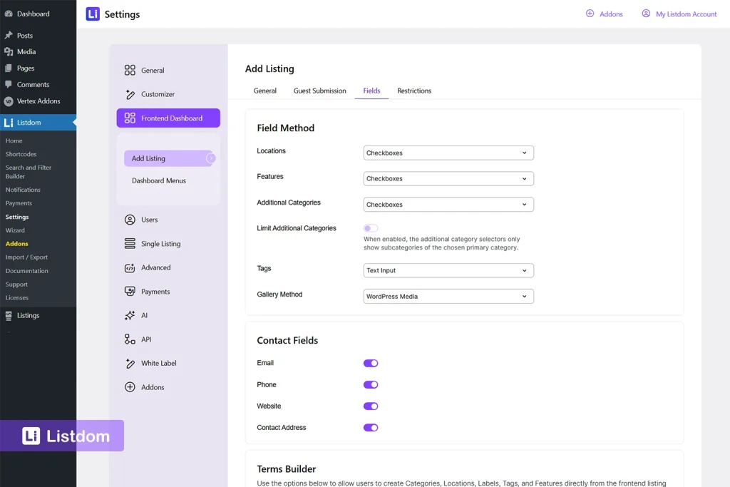 listdom frontend dashboard fields settings interface screenshot