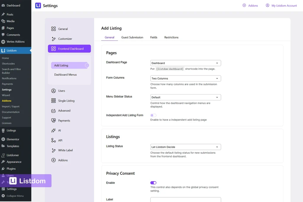listdom frontend dashboard general settings interface screenshot