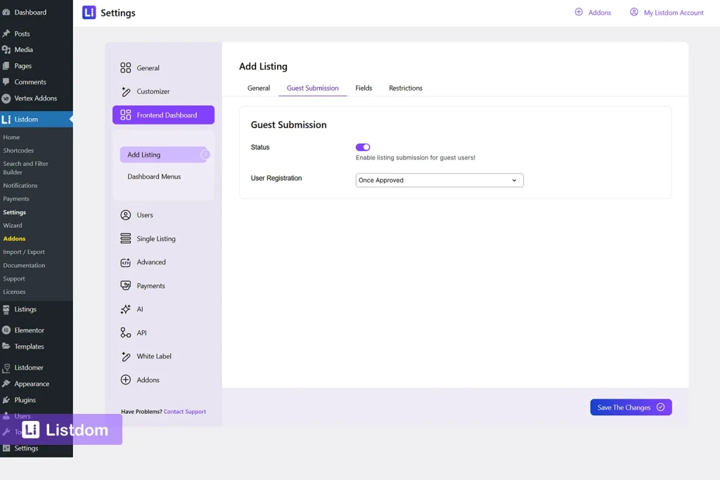 listdom frontend dashboard guest submission settings interface screenshot