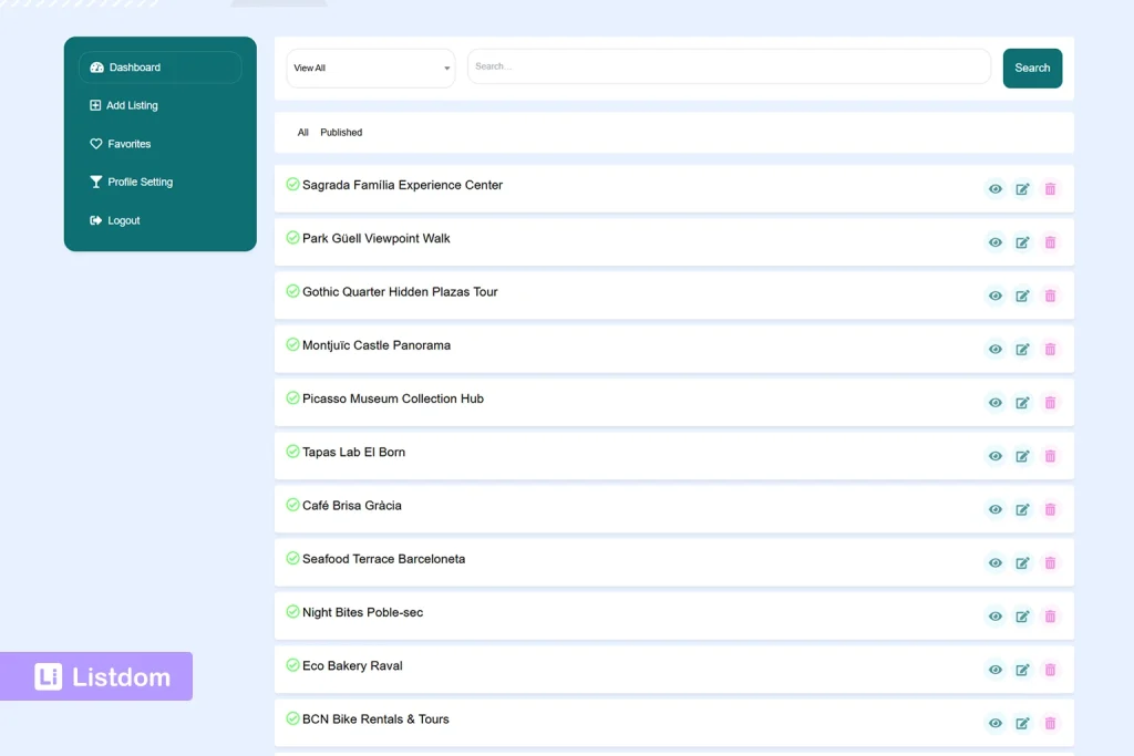 listdom frontend dashboard interface screenshot